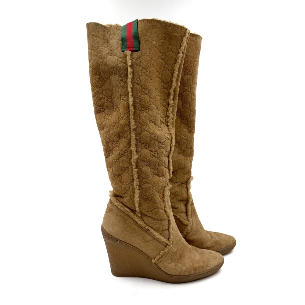 Gucci Wedge Boots Tan GG Monogram Suede Shearling Web Stripe Knee Sz 8.5
